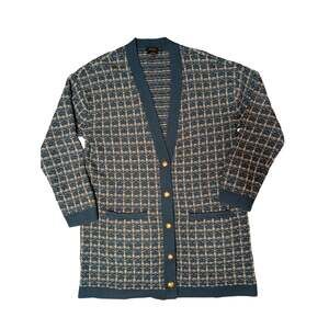 Talbots Merino Wool Blue Checkered Pattern Long Cardigan Knit Sweater Size Large